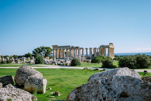 Greek temples at Selinunte, View on sea and ruins of greek columns in Selinunte Archaeological Park Sicily Italy