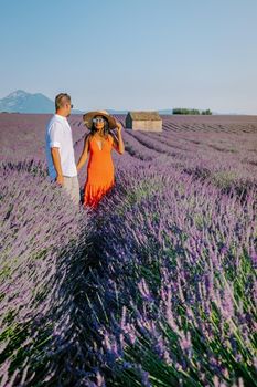 Provence, Lavender field France, Valensole Plateau, colorful field of Lavender Valensole Plateau, Provence, Southern France. Lavender field. Europe. Couple men and woman on vacation at the provence lavender fields,