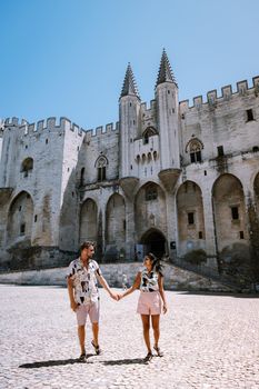 couple city trip Avignon Southern France, Ancient Popes Palace, Saint-Benezet, Avignon, Provence, France Europe