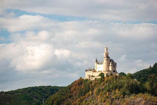 Romantic castles near Koblenz alongside the rhine rhein river germany, Marksburg castle by Braubach Germany Koblenz