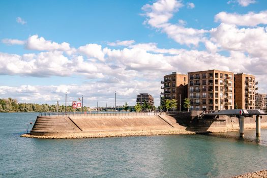 Mainz, Rheinland-PfalzGermany August 2020 , New just built structures apartment condo at port on river Rhein in Mainz by the rhine river. Europe