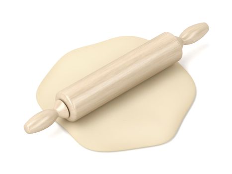 Raw dough and rolling pin on white background