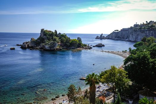 Isola Bella at Taormina, Sicily, Aerial view of the island and Isola Bella beach and blue ocean water in Taormina, Sicily, Italy Europe