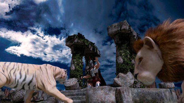 Gladiator warrior fighter in armor fighting a tiger and a lion. Ancient Greece or Rome. Columns ruins of a Temple - 3d rendering