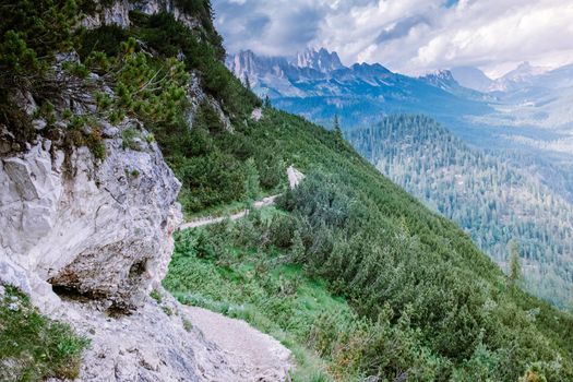 hiking in the Italian Dolomites,Beautiful Lake Sorapis Lago di Sorapis in Dolomites, popular travel destination in Italy. Europe