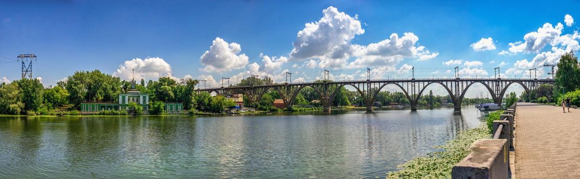 Dnipro, Ukraine 07.18.2020. Big size panoramic view of the Dnieper river and  Monastery island in Dnipro, Ukraine, on a sunny summer day