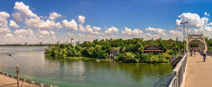 Dnipro, Ukraine 07.18.2020. Big size panoramic view of the Dnieper river and  Monastery island in Dnipro, Ukraine, on a sunny summer day