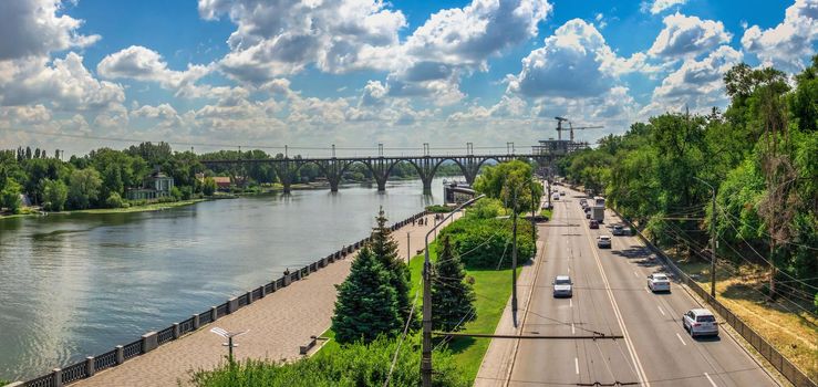 Dnipro, Ukraine 07.18.2020. Big size panoramic view of the Dnieper river and  embankment of Dnipro in Ukraine a sunny summer morning