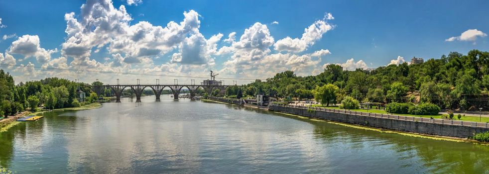 Dnipro, Ukraine 07.18.2020. Big size panoramic view of the Dnieper river and  embankment of Dnipro in Ukraine a sunny summer morning