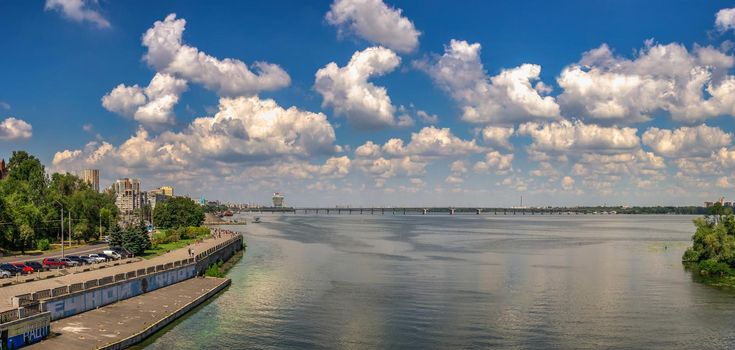 Dnipro, Ukraine 07.18.2020. Big size panoramic view of the Dnieper river and  embankment of Dnipro in Ukraine a sunny summer morning