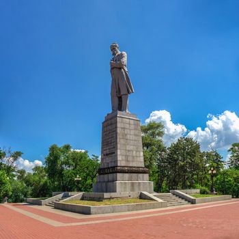 Dnipro, Ukraine 07.18.2020. Monument to Taras Shevchenko Monastery island in Dnipro, Ukraine, on a sunny summer day