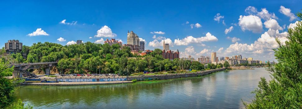 Dnipro, Ukraine 07.18.2020. Big size panoramic view of the Dnieper river and  embankment of Dnipro in Ukraine a sunny summer morning