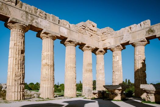 Greek temples at Selinunte, View on sea and ruins of greek columns in Selinunte Archaeological Park Sicily Italy