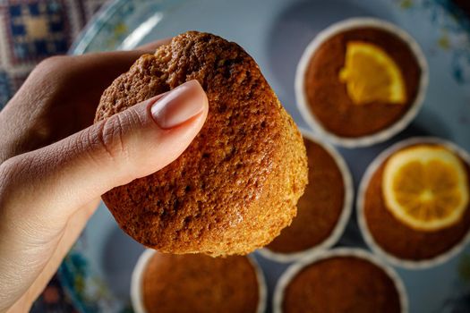 Fresh muffin in a woman's hand.