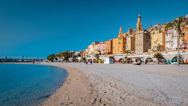 Menton France,Cote d Azur June 2020, Warm hot summer day at the beach and a View on old part of Menton, Provence-Alpes-Cote d'Azur, France Europe