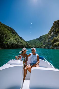 view to the cliffy rocks of Verdon Gorge at lake of Sainte Croix, Provence, France, near Moustiers SainteMarie, department Alpes de Haute Provence, region Provence Alpes Cote Azur. France