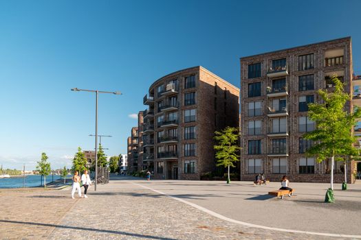 Mainz, Rheinland-PfalzGermany August 2020 , New just built structures apartment condo at port on river Rhein in Mainz by the rhine river. Europe