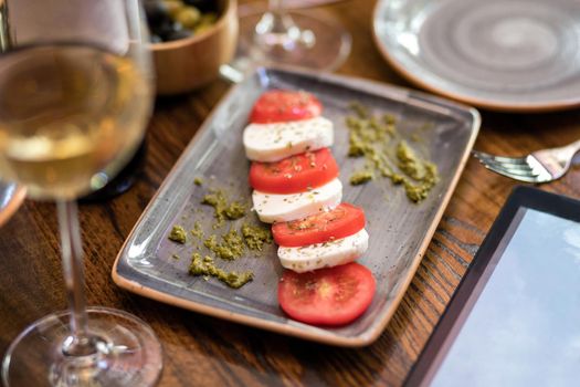 Cheese and tomato snack, garnish for alcohol drinks