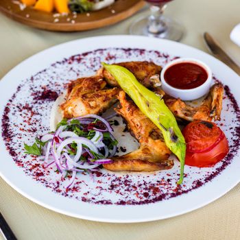 Tasty chicken meat meal with ketchup on the plate