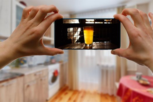 Online bar concept. Drinking with friends at home via smartphone or other gadgets