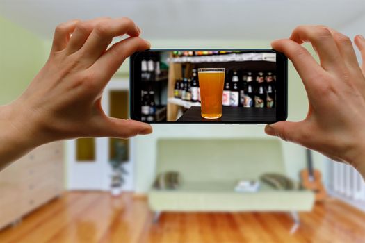 Online bar concept. Drinking with friends at home via smartphone or other gadgets