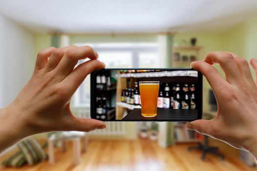 Online bar concept. Drinking with friends at home via smartphone or other gadgets