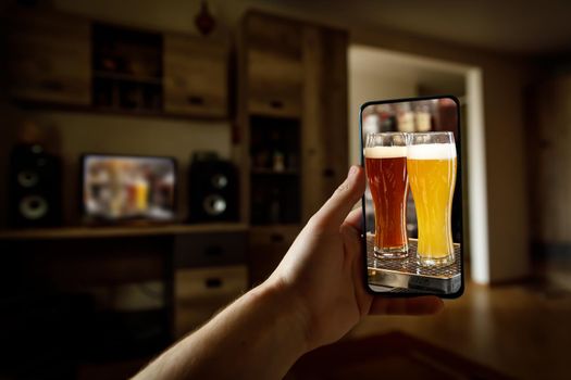 Online bar concept. Drinking with friends at home via smartphone or other gadgets