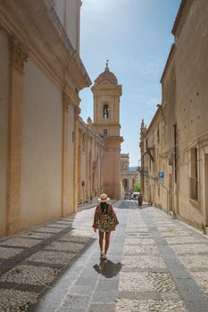 Sicily Italy, view of Noto old town and Noto Cathedral, Sicily, Italy. beautiful and typical streets and stairs in the baroque town of Noto in the province of Syracuse in Sicily