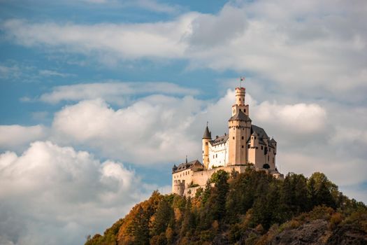 Romantic castles near Koblenz alongside the rhine rhein river germany, Marksburg castle by Braubach Germany Koblenz