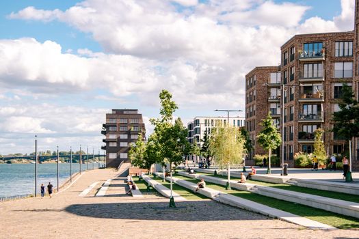 Mainz, Rheinland-PfalzGermany August 2020 , New just built structures apartment condo at port on river Rhein in Mainz by the rhine river. Europe
