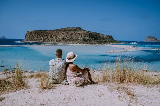 Balos Beach Cret Greece, Balos beach is on of the most beautiful beaches in Greece at the Greek Island couple visit the beach during vacation holiday in Greece