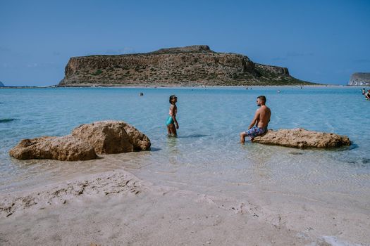 Balos Beach Cret Greece, Balos beach is on of the most beautiful beaches in Greece at the Greek Island couple visit the beach during vacation holiday in Greece