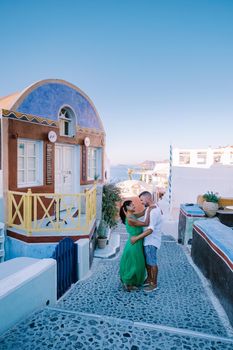 Santorini Greece August 2020, streets of Oia on a early morning with cafe and restaurant. High quality photo