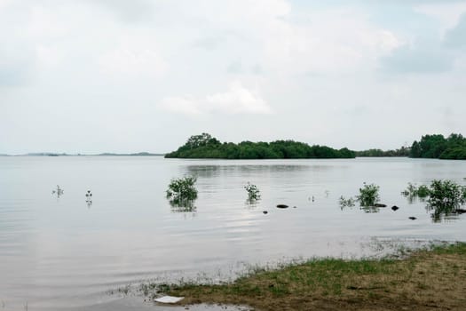 Landscape view of a beach with green mountain and blue ocean water