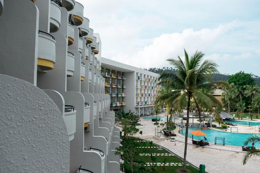Hotel resort and swimming pool area in waterfront Batam, Indonesia, May 4 2019