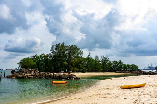 Siloso Sentosa Beach with White sand and tourists, Singapore, March 30, 2020