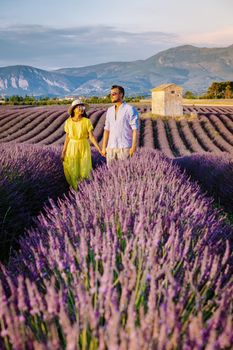 Provence, Lavender field France, Valensole Plateau, colorful field of Lavender Valensole Plateau, Provence, Southern France. Lavender field. Europe. Couple men and woman on vacation at the provence lavender fields,