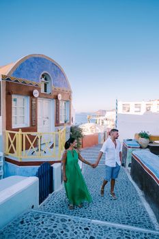 Santorini Greece August 2020, streets of Oia on a early morning with cafe and restaurant. High quality photo