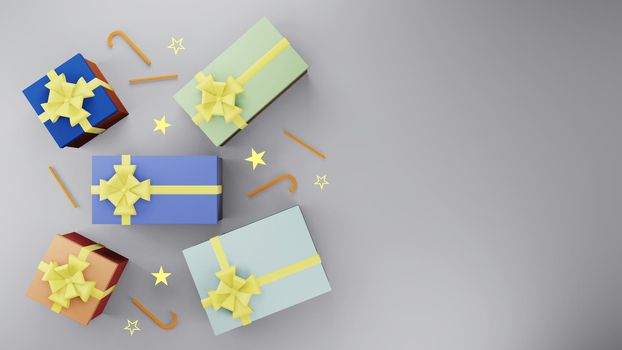 Colorful gift box with golden ribbon and gold star with candy on gray background with copy space 3d render. Happy new year and congratulation concept style.