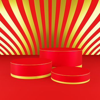 Red cylinder podium with golden girdle or stage background for show product with red and gold background and copy space 3d render. Chinese new year season concept.