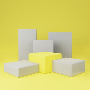 Yellow cube podium between gray or stage background for show product with gray cube on yellow background and copy space 3d render.