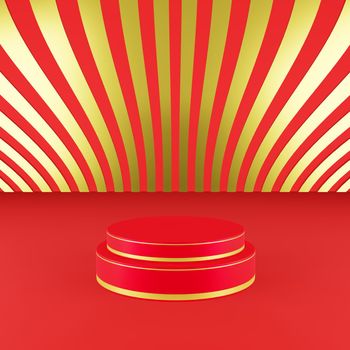 Red podium with golden girdle or stage background for show product with red and gold background and copy space 3d render. Chinese new year season concept.