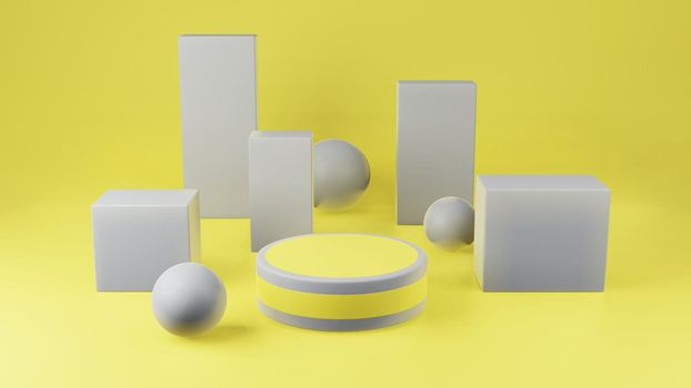 Yellow cylinder podium with gray girdle or stage background for show product with gray sphere and cube on yellow background and copy space 3d render.