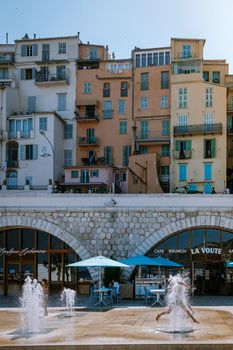 Menton France,Cote d Azur June 2020, Warm hot summer day at the beach and a View on old part of Menton, Provence-Alpes-Cote d'Azur, France Europe