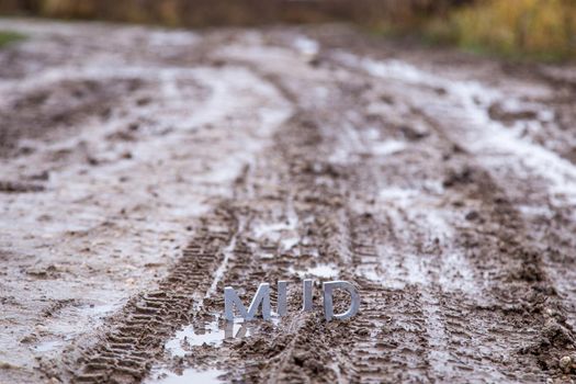 the word mud composed of silver metal letters on wet dirt surface with selective focus, background blur and linear perspective in cloudy autumn day light