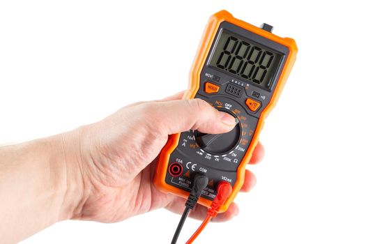digit 8888 - for any digit on lcd screen of digital electrical multimeter in left caucasian hand, isolated on white background, mockup