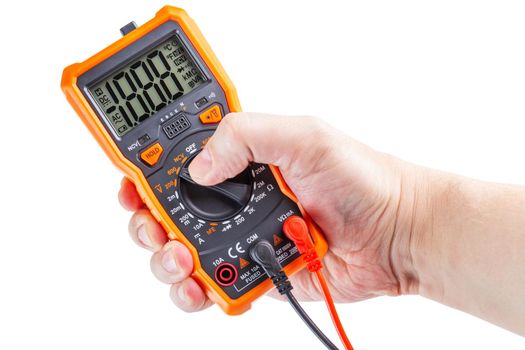 lcd screen digital electrical multimeter in right caucasian hand, isolated on white background, mockup with all pictograms and digits are on