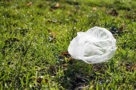 The plastic bag lies on the green grass. A person pollutes the environment with polyethylene.