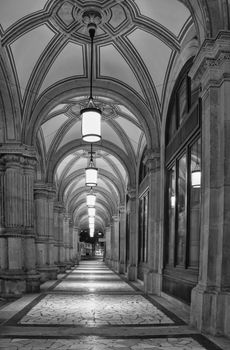 Arcade at night black and white black and white b/w