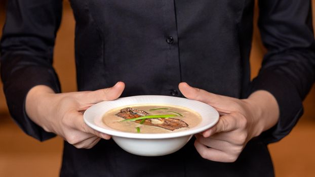 Waiter holding beautiful mushroom soup